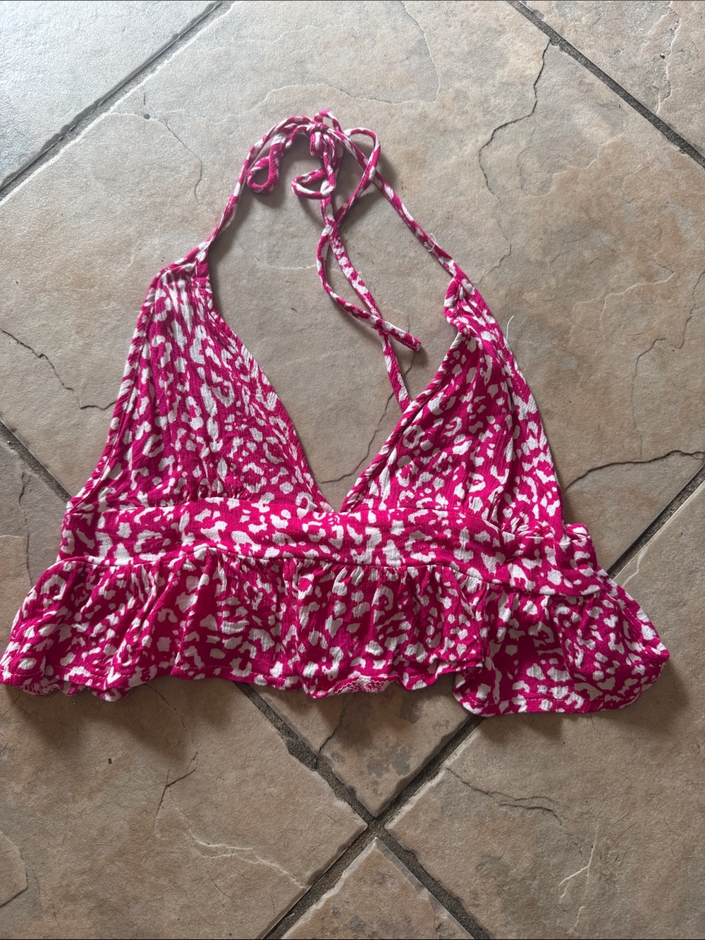 SHEIN Pink and White Leopard Print Halter Crop Top